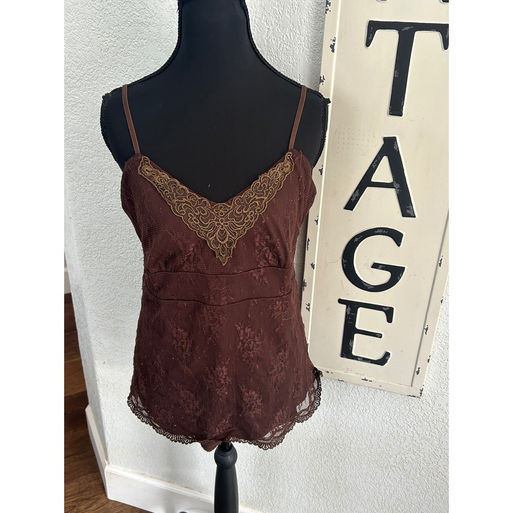 Vintage y2k Xhilaration Brown Lace Camisole Top Floral Embroidered V-Neck Large